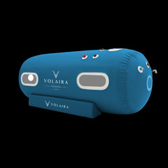 Volaira Horizon portable hyperbaric chamber with spacious laydown design.  Blue chamber side view