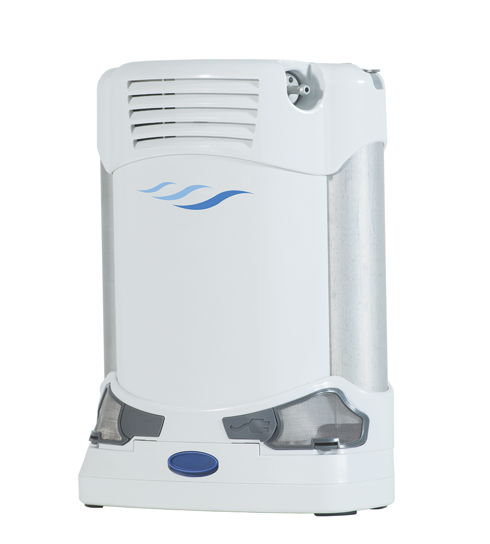 A portable oxygen concentrator with a 16-cell battery, designed for active individuals who need reliable and convenient oxygen therapy on the go. It is lightweight and can be easily carried around. The device is shown in different settings, including a person using it while traveling on a plane.