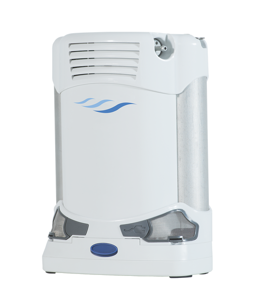 A portable oxygen concentrator with a 16-cell battery, designed for active individuals who need reliable and convenient oxygen therapy on the go. It is lightweight and can be easily carried around. The device is shown in different settings, including a person using it while traveling on a plane.