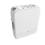 A small, lightweight device that provides oxygen for people with respiratory conditions. It has a carry handle and a control panel with buttons and a display screen.