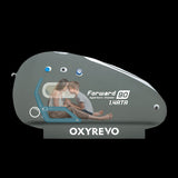 OXYREVO hyperbaric chamber on a gray background.  Forward 90 seated hyperbaric chamber.