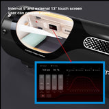 OxyAir OLV-YT01 hyperbaric chamber showing internal 9-inch and external 13-inch touchscreen controls displaying pressure and oxygen purity
